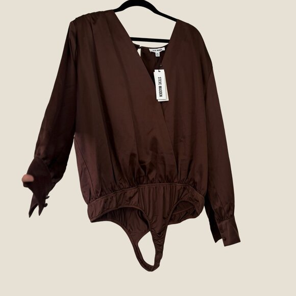 Steve Madden Tamaira Rich Brown Satin Bodysuit Puffed Sleeves Size 2X NWT - Picture 2 of 8